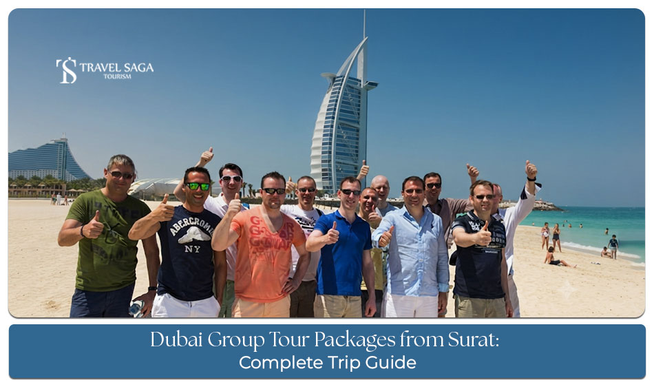 A group of travellers enjoying a Dubai holiday with iconic city landmarks in the background.