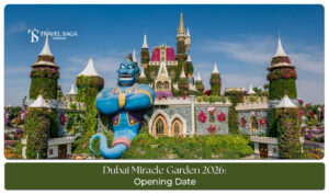 Visitors exploring vibrant floral displays and themed gardens at Dubai Miracle Garden.