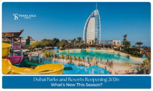 Visitors enjoying rides and family attractions at Dubai Parks and Resorts ahead of the 2026 reopening.