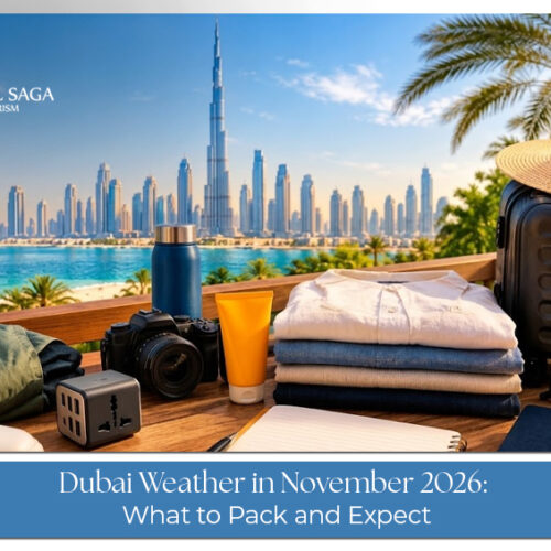 Sunny Dubai skyline with clear skies and comfortable outdoor conditions in November.