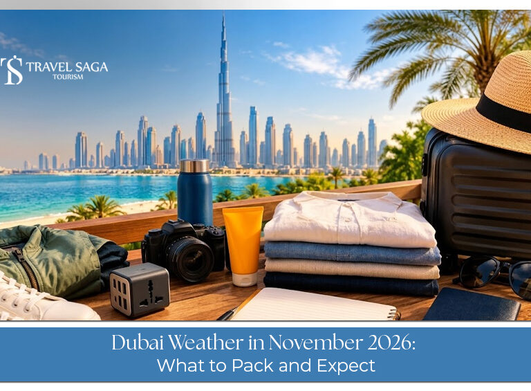Sunny Dubai skyline with clear skies and comfortable outdoor conditions in November.