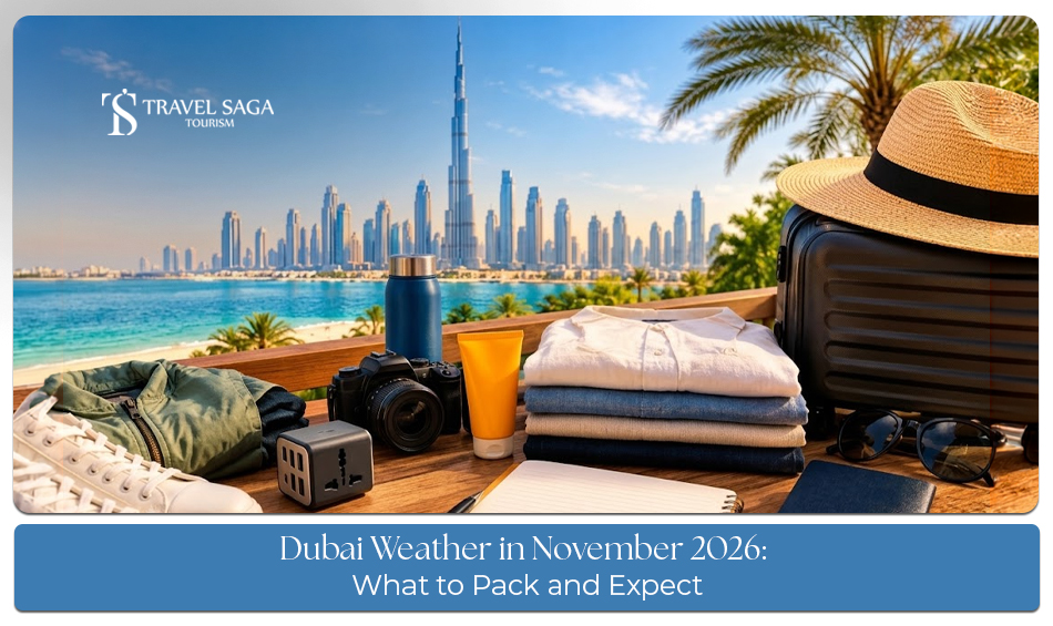 Sunny Dubai skyline with clear skies and comfortable outdoor conditions in November.