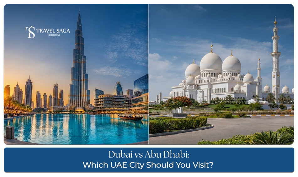 A visual comparison of Dubai and Abu Dhabi showcasing their iconic skylines and famous attractions.