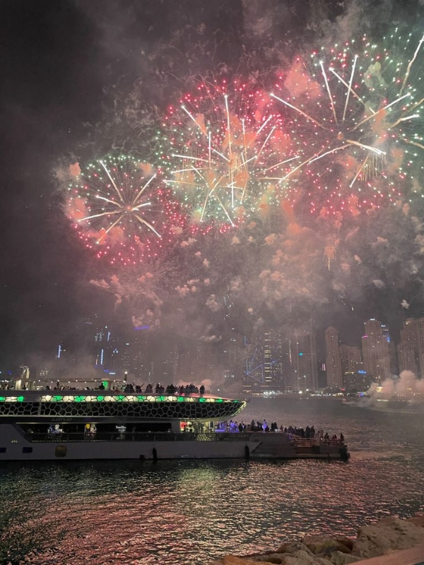 Fireworks from Mega Yacht in Dubai at Night