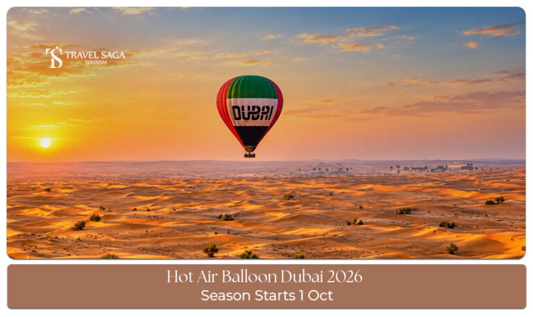 Hot air balloon rising over the Dubai desert during an early morning flight.