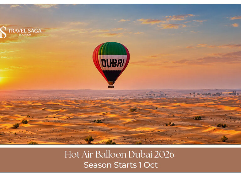 Hot air balloon rising over the Dubai desert during an early morning flight.