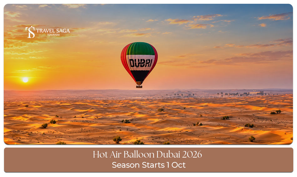 Hot air balloon rising over the Dubai desert during an early morning flight.
