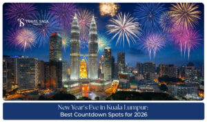 Crowds gathering around Kuala Lumpur landmarks for a vibrant New Year’s Eve celebration.