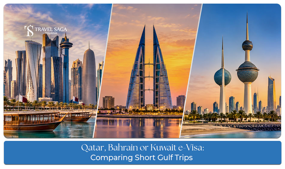 Comparison of e-visa requirements and travel options for Qatar, Bahrain, and Kuwait.