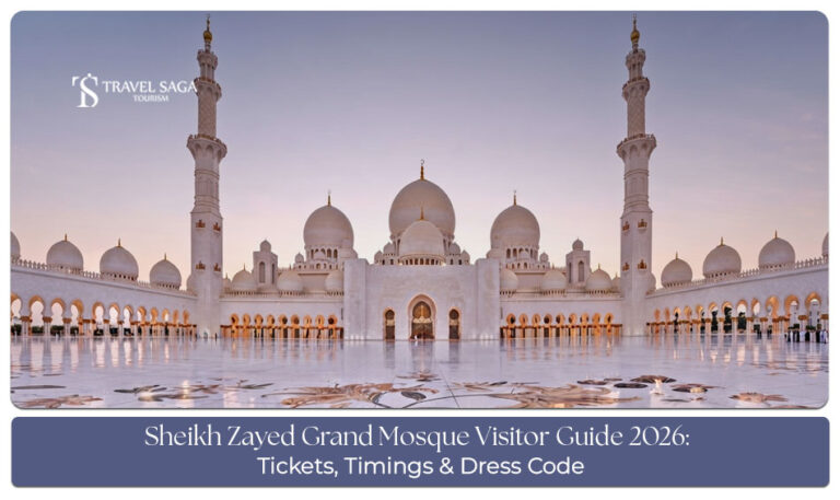 Visitors admiring the grand white domes and intricate architecture of Sheikh Zayed Grand Mosque.