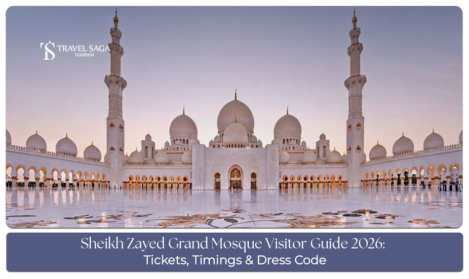 Visitors admiring the grand white domes and intricate architecture of Sheikh Zayed Grand Mosque.