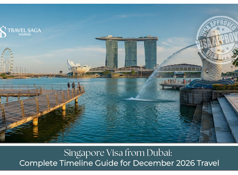 Traveller preparing documents for a Singapore visa application from Dubai in December 2026.