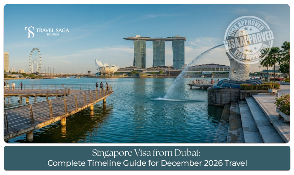 Traveller preparing documents for a Singapore visa application from Dubai in December 2026.