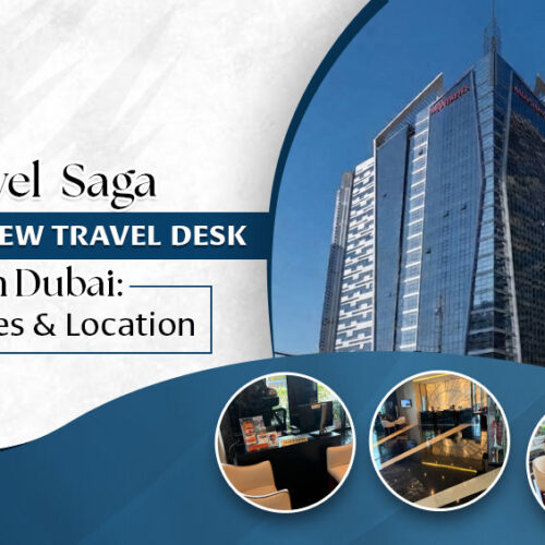 Travel professionals welcoming visitors at a new travel desk in Dubai.
