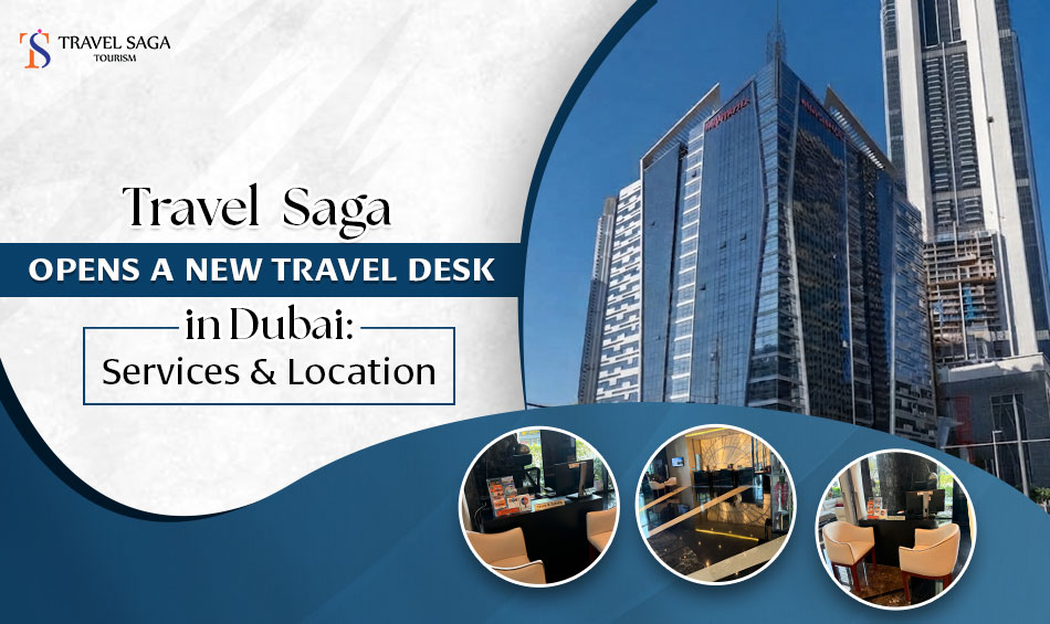 Travel professionals welcoming visitors at a new travel desk in Dubai.
