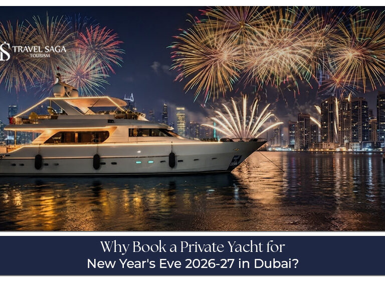 Private yacht decorated for a festive New Year’s Eve celebration in Dubai.