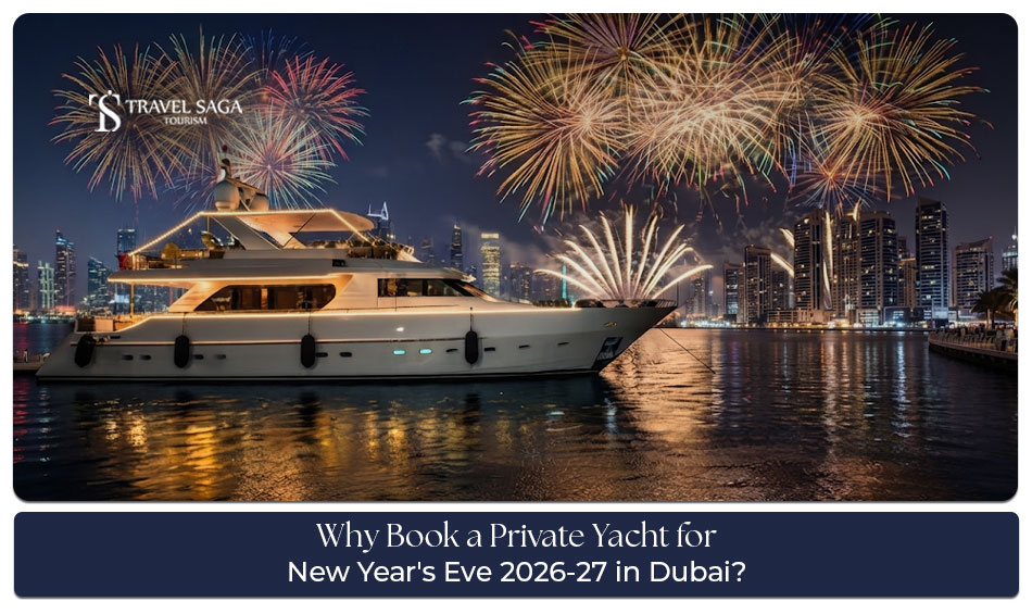 Private yacht decorated for a festive New Year’s Eve celebration in Dubai.