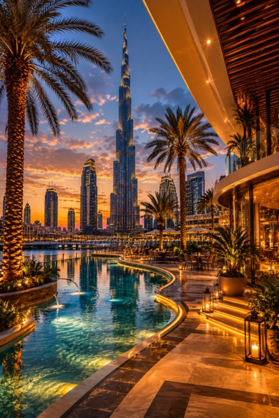 Burj Khalifa Dubai Night View with Waterfront Skyline