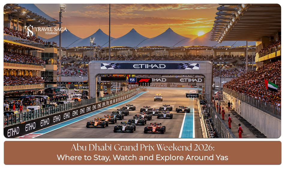 Abu Dhabi Grand Prix weekend on Yas Island featuring Yas Marina Circuit, nearby hotels, Formula 1 racing and local attractions