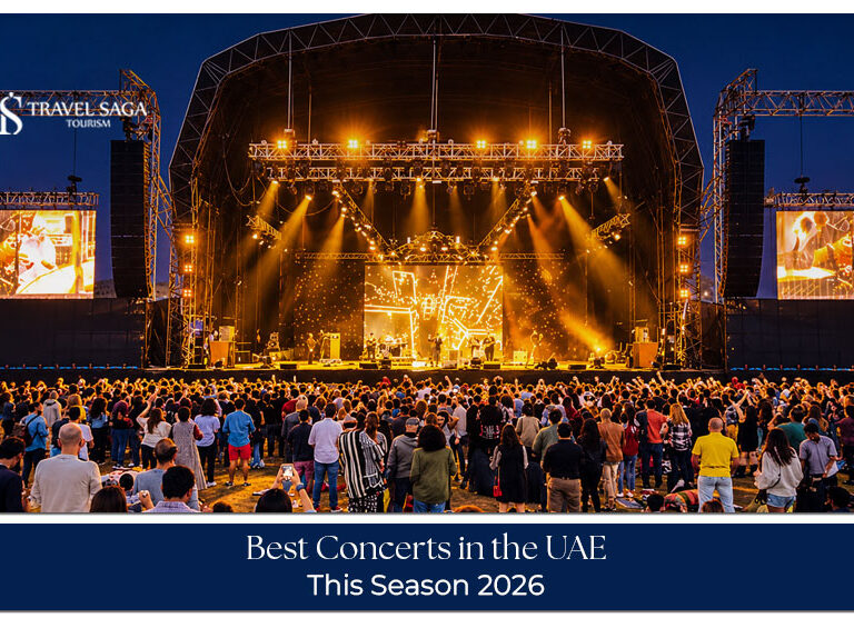 Music fans enjoying a live concert with stage lights, energetic performances, and a vibrant atmosphere in the UAE.