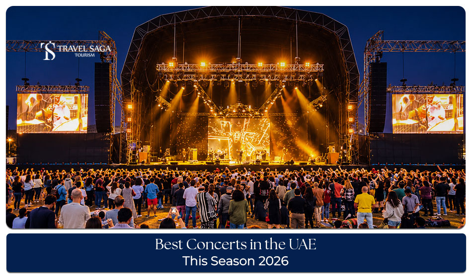 Music fans enjoying a live concert with stage lights, energetic performances, and a vibrant atmosphere in the UAE.