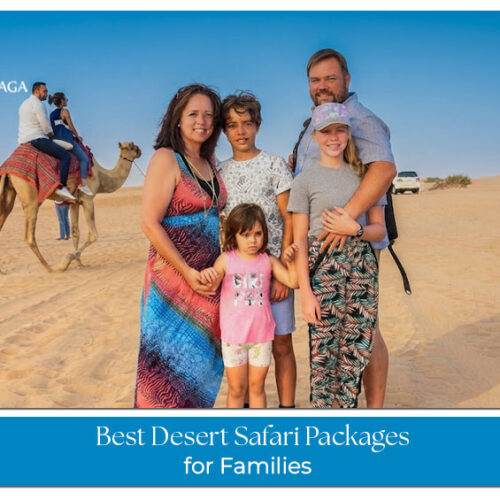 A family enjoying a desert safari experience with dune views and outdoor activities in Dubai.