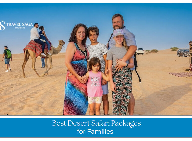 A family enjoying a desert safari experience with dune views and outdoor activities in Dubai.