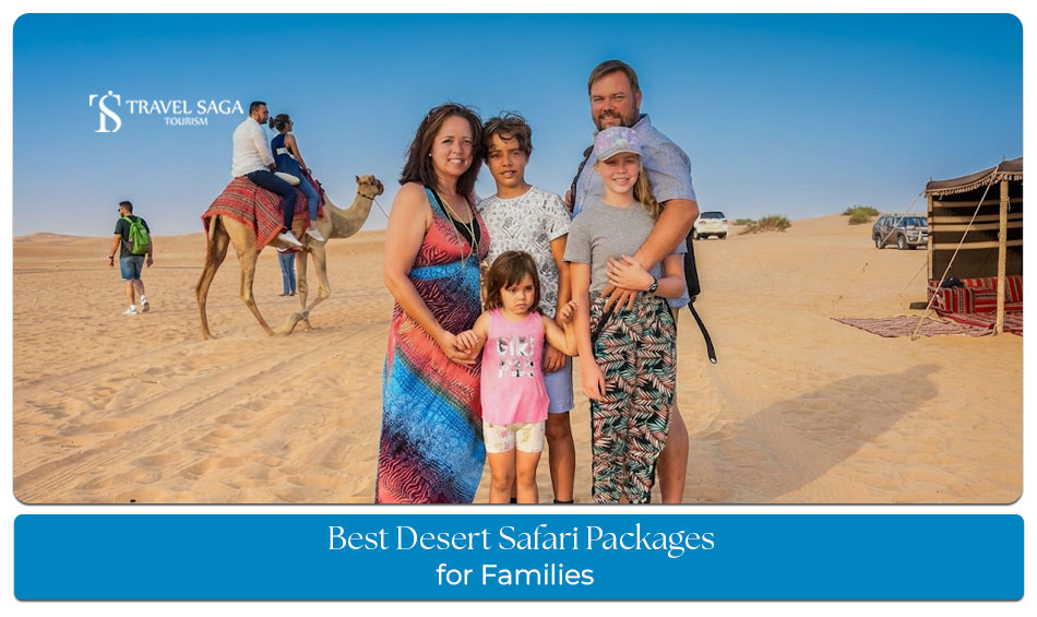 A family enjoying a desert safari experience with dune views and outdoor activities in Dubai.