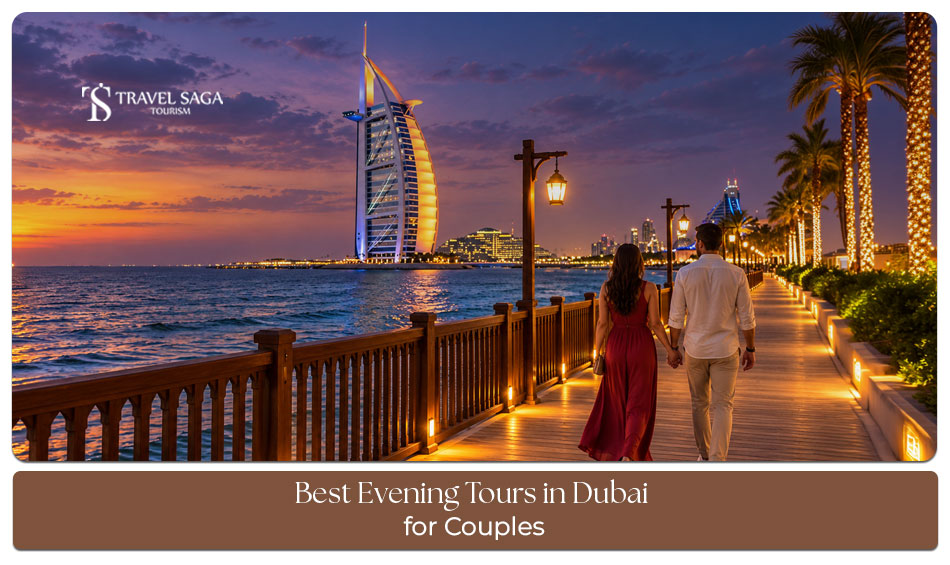 Couples enjoying a romantic evening with sparkling city views and sunset scenery in Dubai.