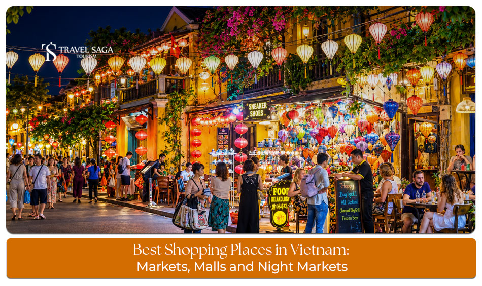 Shoppers exploring a lively Vietnamese market filled with local handicrafts, souvenirs, clothing, and traditional products.