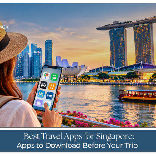 A traveller using essential mobile apps to navigate Singapore and plan daily activities.