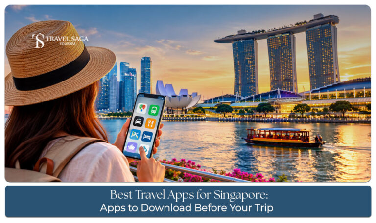 A traveller using essential mobile apps to navigate Singapore and plan daily activities.