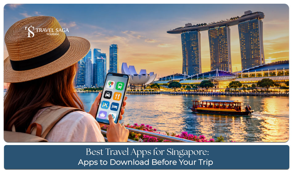 A traveller using essential mobile apps to navigate Singapore and plan daily activities.