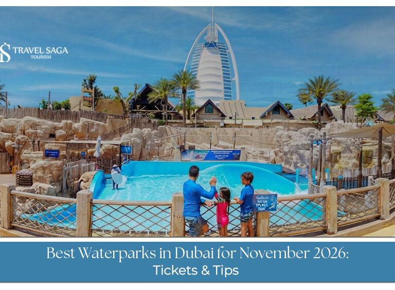 Visitors enjoying thrilling water rides and family attractions at a Dubai waterpark in November.