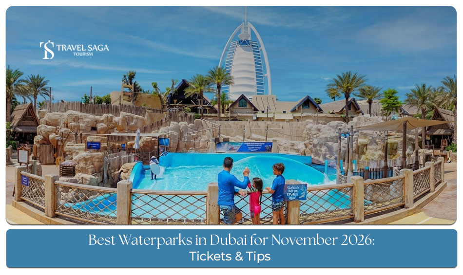 Visitors enjoying thrilling water rides and family attractions at a Dubai waterpark in November.