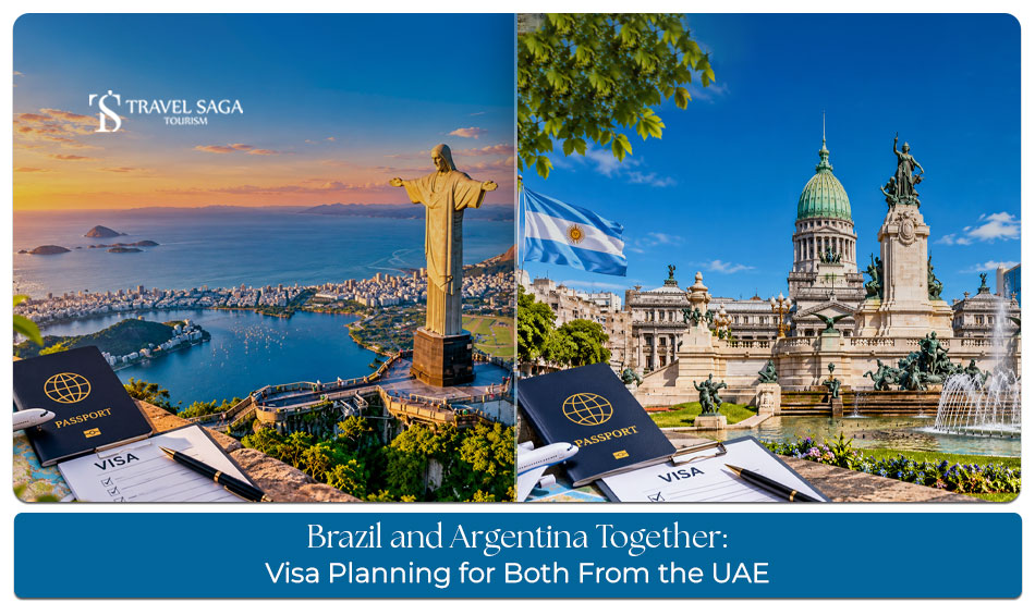 Travellers planning a combined Brazil and Argentina trip from the UAE, with passports and travel documents ready for visa preparation.