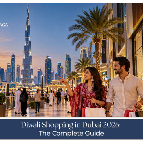 Shoppers browsing festive decorations, fashion, and gifts during Diwali shopping in Dubai.