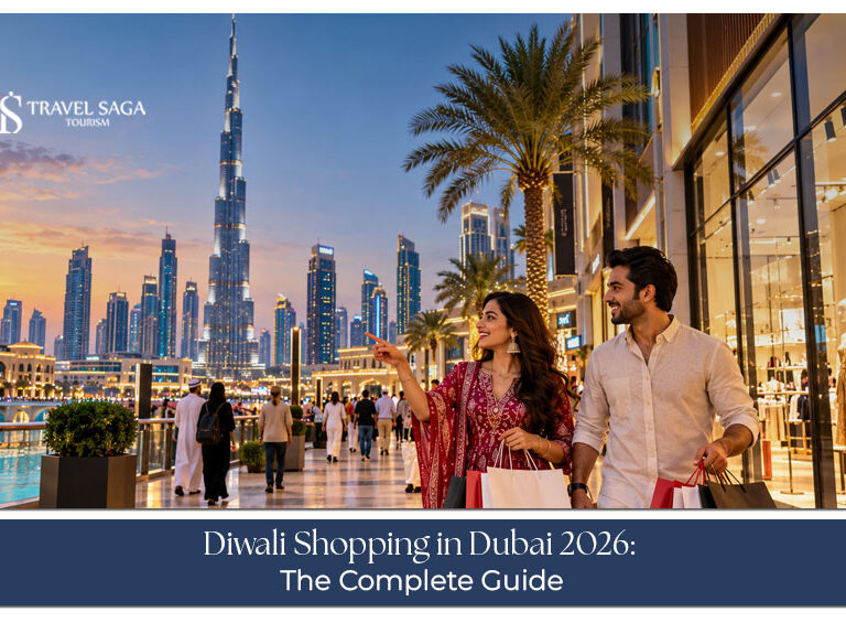 Shoppers browsing festive decorations, fashion, and gifts during Diwali shopping in Dubai.
