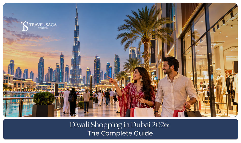 Shoppers browsing festive decorations, fashion, and gifts during Diwali shopping in Dubai.