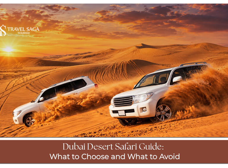 Tourists exploring Dubai's golden sand dunes during a desert safari with scenic Arabian landscapes.