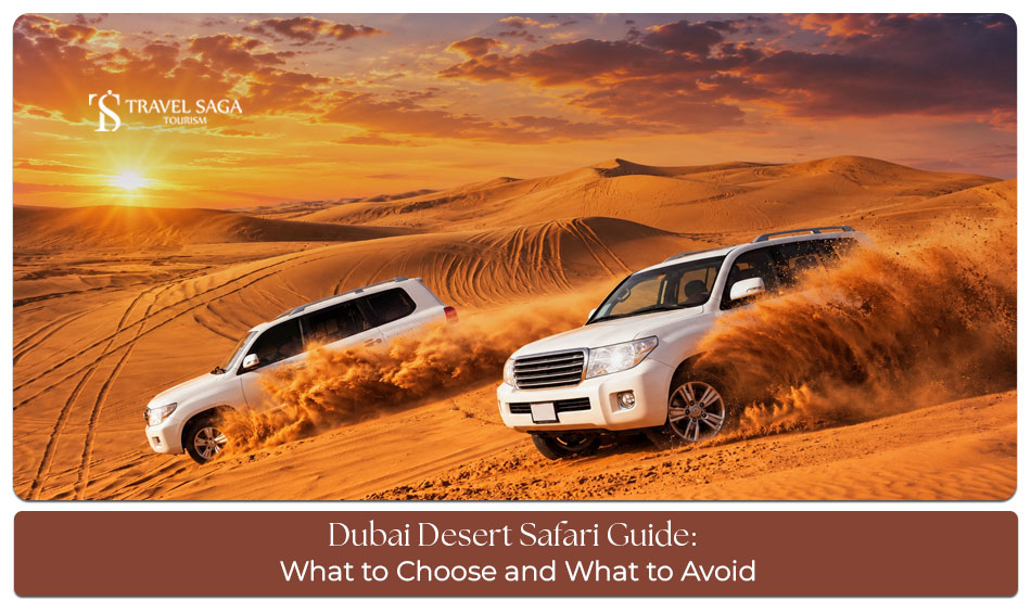 Tourists exploring Dubai's golden sand dunes during a desert safari with scenic Arabian landscapes.