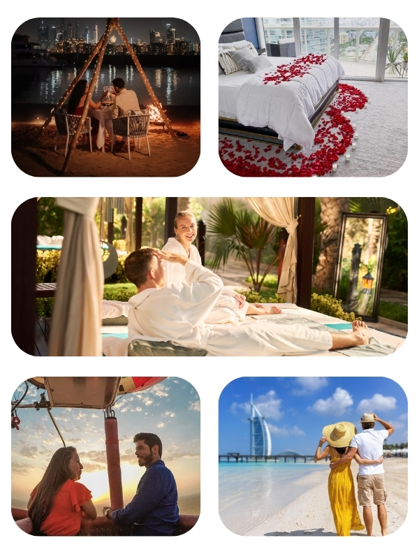 Dubai honeymoon facilities featuring romantic beachside dining, rose petal bed decoration, couples spa, hot air balloon rides and beach walks