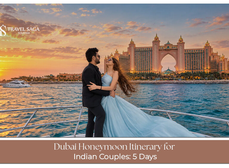 Indian couple enjoying a romantic Dubai getaway with skyline views and luxury honeymoon experiences.
