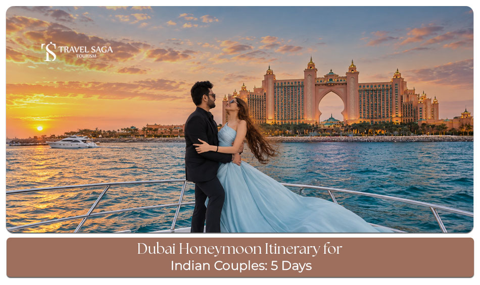 Indian couple enjoying a romantic Dubai getaway with skyline views and luxury honeymoon experiences.