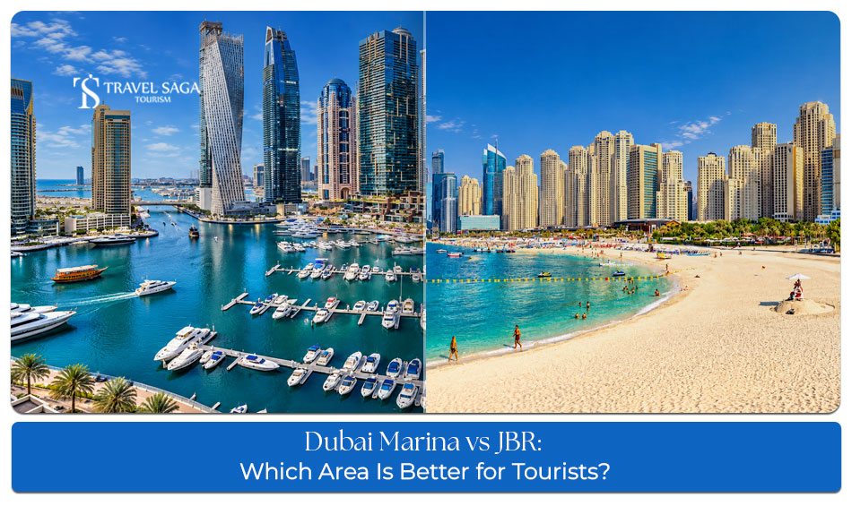 Dubai Marina waterfront skyline with luxury skyscrapers and JBR beach featuring seaside restaurants and tourist attractions.