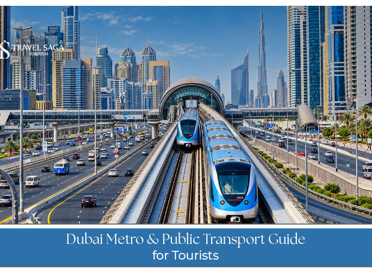 Tourists using the Dubai Metro and public transport to explore the city's popular attractions and landmarks.