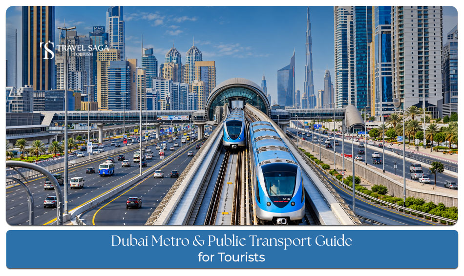 Tourists using the Dubai Metro and public transport to explore the city's popular attractions and landmarks.