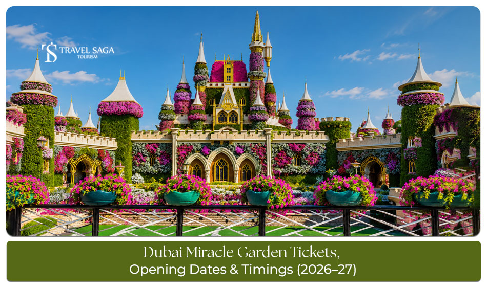 Visitors exploring colourful floral displays and themed gardens at Dubai Miracle Garden.