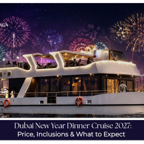 Guests enjoying a festive dinner aboard a Dubai cruise with city lights and waterfront views.