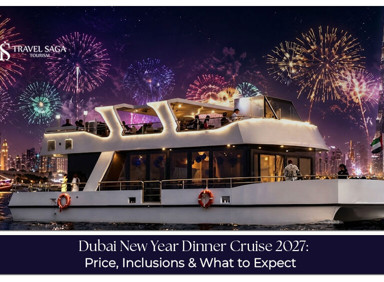 Guests enjoying a festive dinner aboard a Dubai cruise with city lights and waterfront views.